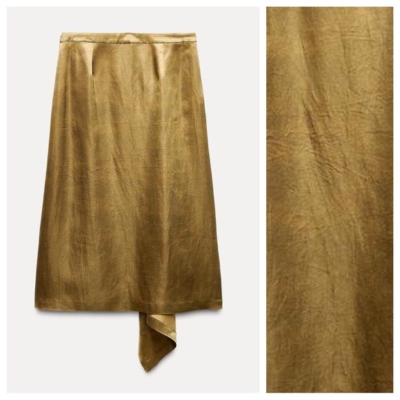 NWT. Zara ZW Collection Golden Satin Effect Asymmetric Flowing Midi Skirt Size S - Picture 3 of 9